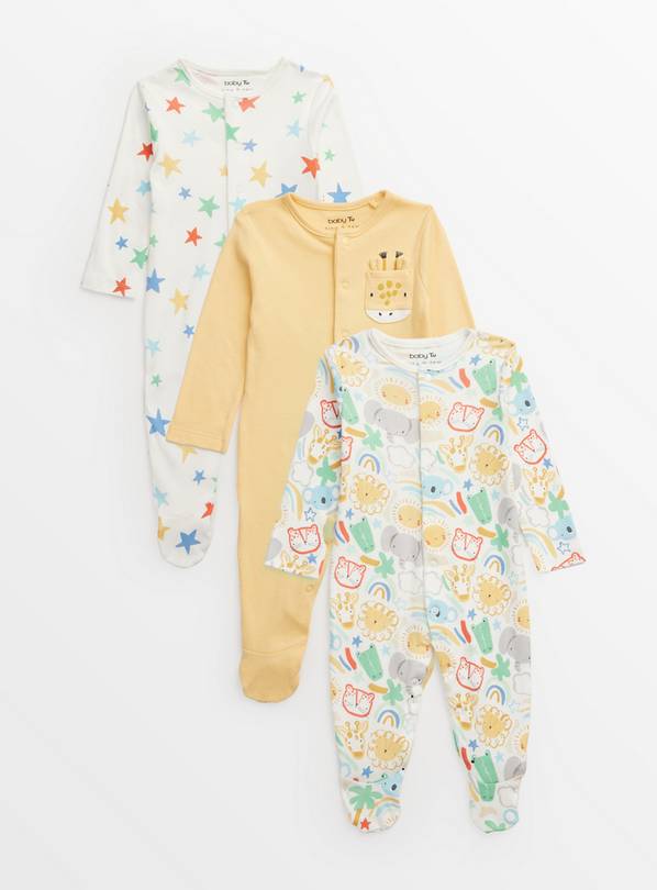 Animal & Star Print Long Sleeve Sleepsuits 3 Pack Up to 3 mths